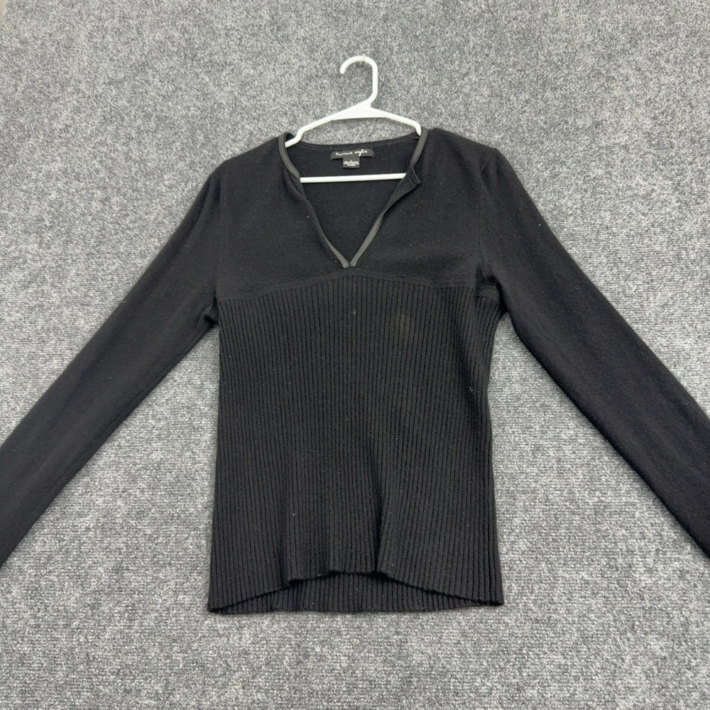 Emma Sofia Sweater Womens L Black Cashmere Ribbed V-Neck Mock Neck Minimalist